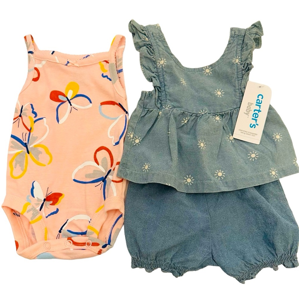 NWT Carters 3-Piece Outfit, Blue Jean romper set with additional onesie Newborn